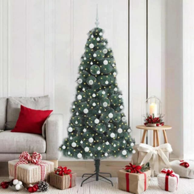 vidaXL Artificial Pre-lit Christmas Tree with White Ball Set Green 180 cm, Green 3396169