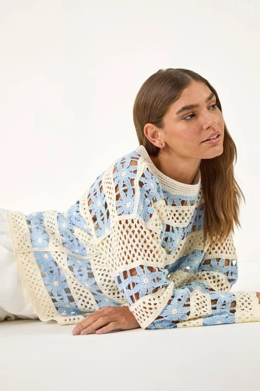 Roman Womens Floral Stripe Crochet Knit Jumper in Light Blue Size: Large Light Blue Female L