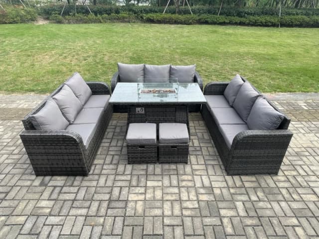 Fimous Rattan Furniture Garden Dining Set Gas Fire Pit Table With Lounge Sofa 2 Small Footstools Dark Grey Mixed Dark Grey