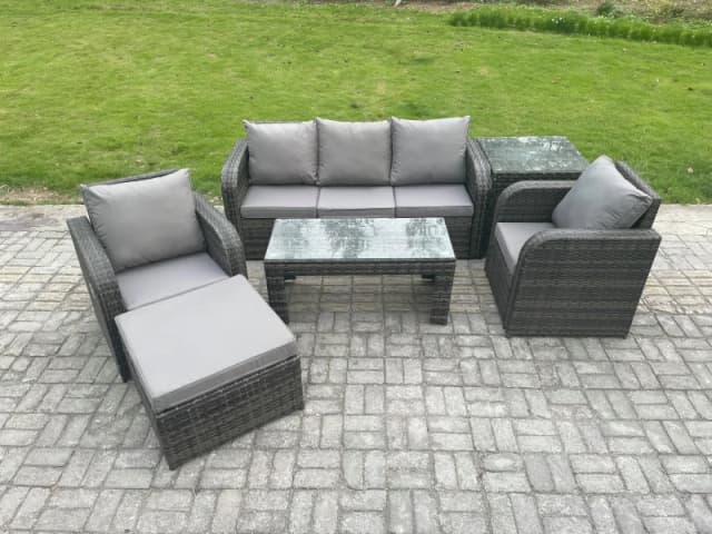 Fimous Wicker PE Rattan Garden Furniture Set Outdoor Lounge Sofa Set with Reclining Chair Coffee Table Side Table Dark Grey