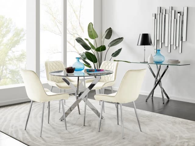 FurnitureboxUK FurnitureboxUK Novara Clear Tempered Glass 100cm Round Dining Table with Chrome Starburst Legs & 4 Pesaro Velvet Silver Leg Chairs in C