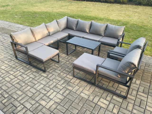 Fimous Aluminium Outdoor Garden Furniture Set Lounge Corner Sofa 2 Pcs Chair Oblong Coffee Table Sets with 2 Big Footstools Dark Grey Dark Grey Unisex