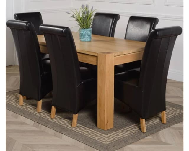 Thats Furniture Kuba 150 x 85cm Chunky Medium Oak Dining Table & 6 Montana Leather Chairs in Black Size: 150 x 85cm Black Unisex 150 x 85 cm