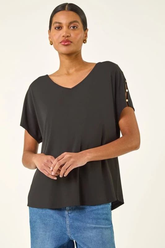 Roman Womens Cold Shoulder Button Top in Black Size: 16 Black Female 16