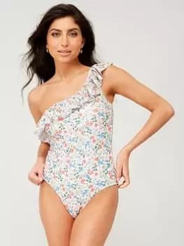 PIECES Ruffle Floral One Shoulder Swimsuit -multi, Multi, Size XL, Women
