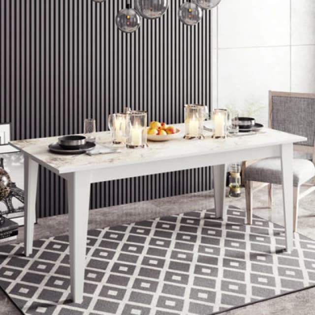 Decorotika Modern Polka Dining Table White Marble Effect & White