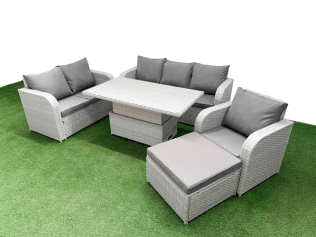 Fimous Patio PE Wicker 7 Seater Outdoor Rattan Furniture Sofa Sets with Adjustable Lifting Dining or Coffee Table Reclining Chair Loveseat Sofa 3 Seat