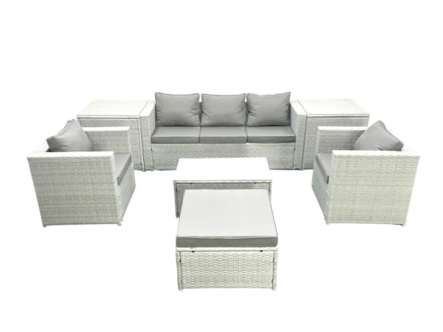 Fimous Rattan Garden Furniture Set with 3 Seater Sofa 2 Chair Rectangular Coffee Table Big Footstool 2 Side Tables Light Grey Mixed 6 Seater Light Gre