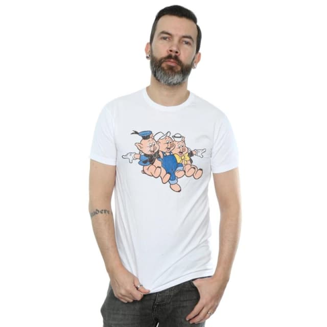 Disney Men Three Little Pigs Jump T-Shirt in White Size: Small White S Male 5059308924926