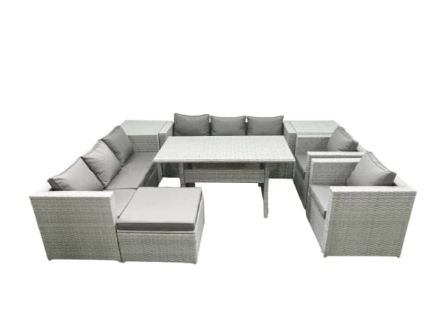 Fimous Rattan Garden Furniture Set Outdoor 8 Seater Patio Dinin g Sofa Sets with Dining Table 2 Chairs 2 Side Tables Big Footstool Light Grey Mixed Li