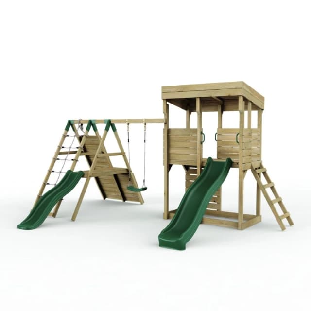 OutdoorToys XL Lookout Tower with Single Swing & Climbing Wall plus Slides for Kids in Brown Brown Unisex