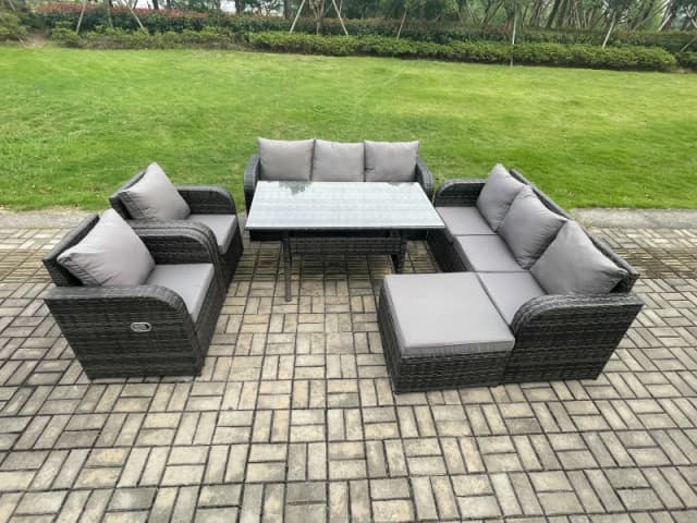 Fimous 6 Piece Rattan Garden Furniture Set with Patio Sofa Rectangular Dining Table Big Footstool Indoor Conservatory Patio Set in Dark Grey Dark Grey