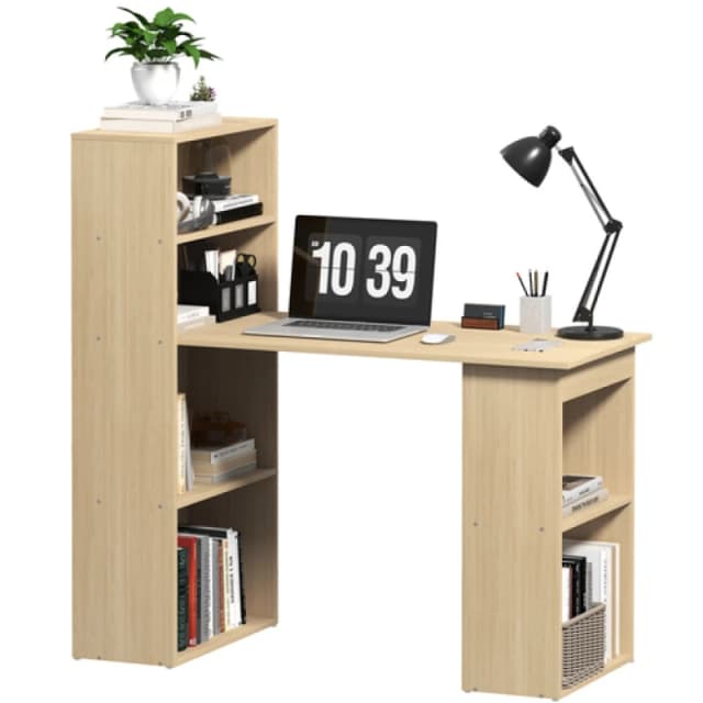 HOMCOM HOMCOM 120cm Computer Desk Bookshelf Writing Table 6 Shelves Natural Natural One Size Unisex 5063603021846