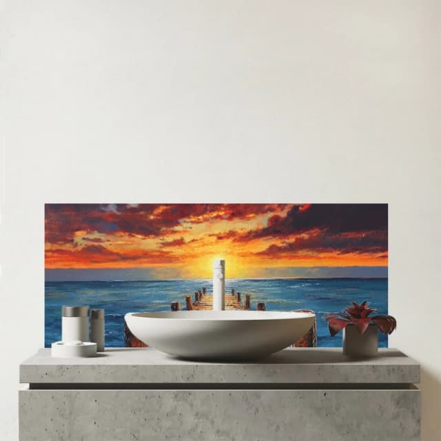 Warren Reed - Designer Sunset Over A Carribean Sea Glass Bathroom Splashback Multicolor Unisex