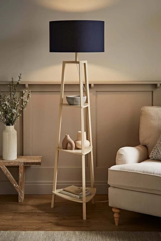 ValueLights ValueLights Hiru Painted Cream 3 Tier Wooden Shelf Floor Lamp with Drum Lamp Shade in Navy Navy One Size Unisex 5059406070686