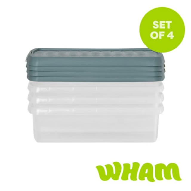 Wham Clip 4 X 7L Rectangular Plastic Storage Boxes With Clip Lock Lids. Ideal For Home, Office, Toys & More - Clear/green Milieu