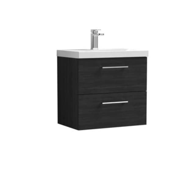 BALTERLEY Wall Hung 2 Drawer Vanity Unit with Mid-Edge Ceramic Basin, 600mm - Woodgrain Charcoal Black BFLE624A