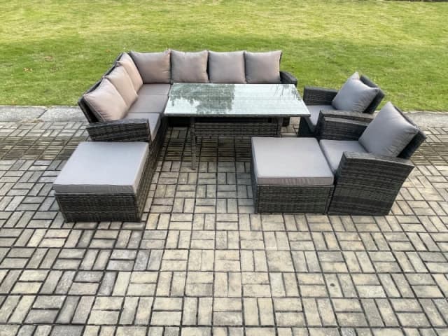 Fimous 10 Seater High Back Rattan Garden Furniture Set Corner Sofa With Rectangular Dining Table 2 Arm Chairs 2 Big Footstool in Dark Grey Dark Grey U