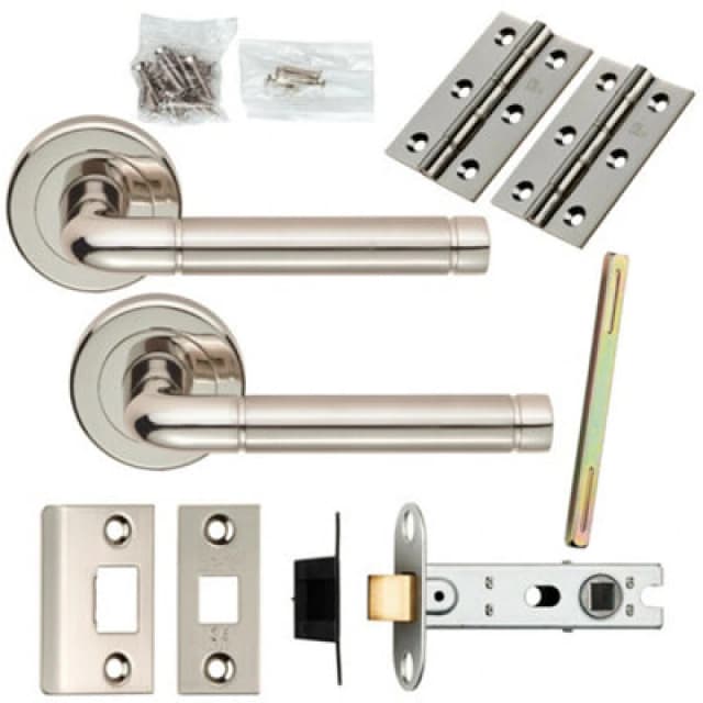 Loops Door Handle & Latch Pack Polished & Satin Nickel Elliptical Bar Screwless Rose Metallics