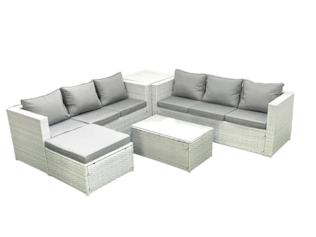 Fimous Garden Outdoor PE Rattan Furniture Set 7 Seater Rattan Garden Sofa Set with Big Footstool Side Table Light Grey Mixed Light Grey