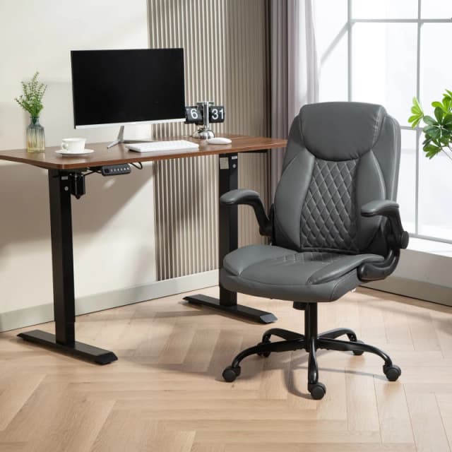 HOMCOM PU Leather Office Desk Chair with Thick Cushion, Charcoal Grey 921-851V70CG