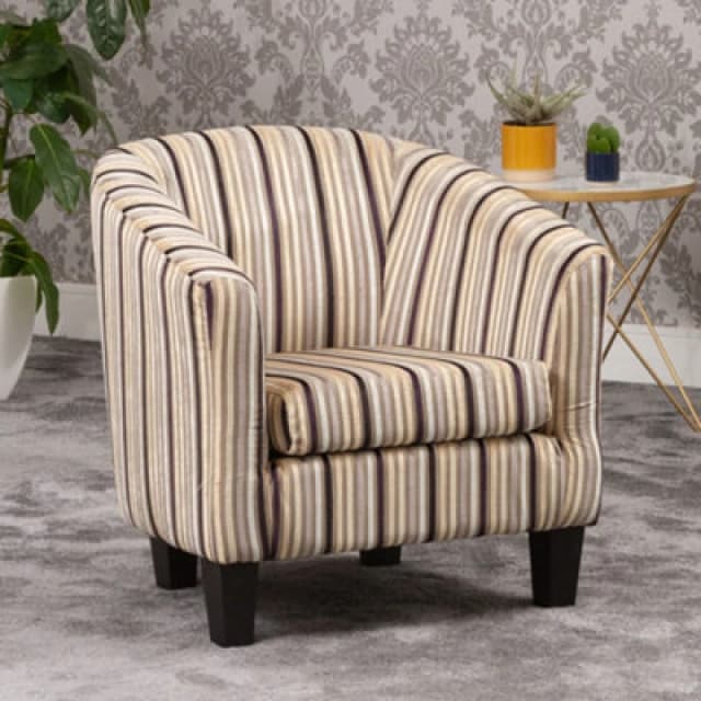 Aurora 69Cm Wide Black Brown Silver Striped Fabric Tub Chair With Dark And Light Wooden Legs