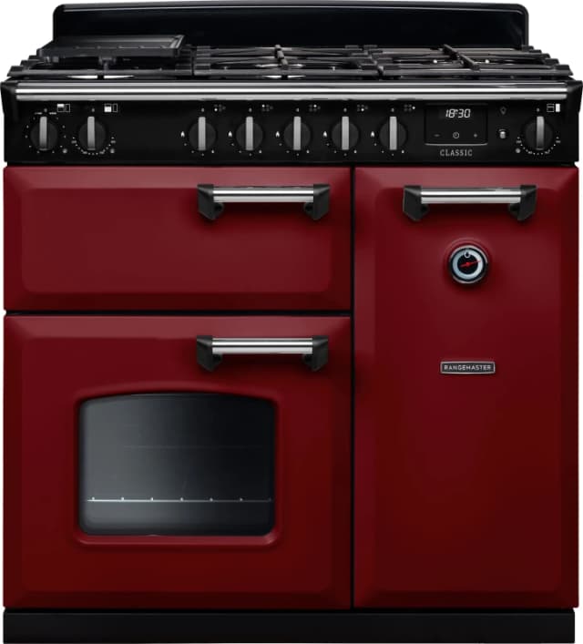 Rangemaster Classic CL90DFPBOR/CM1 90cm wide Dual Fuel Range Cooker with Gas Hob - Bordeaux / Chrome - A/A Rated