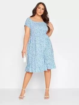 Yours Shirred Bardot Midi Dress Blue Ditsy, Blue, Size 16, Women