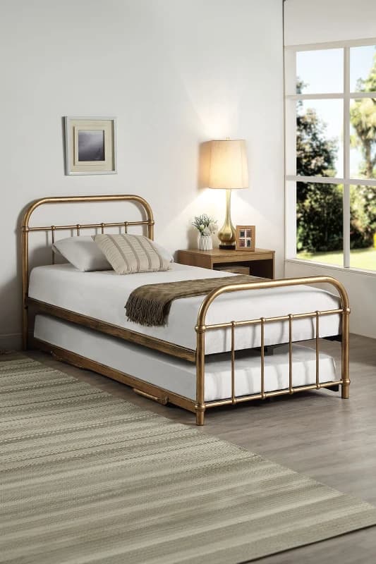 SlumberWorx Tewin Vintage Hospital Style Single Metal Bed Frame w Guest Trundle Bronze