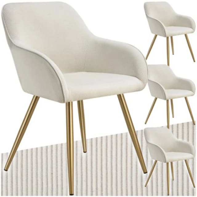 Tectake Set Of 4 Dining Chair Marilyn - Corduroy Look, Upholstered, Armchair, Continuous Backrest - Cream/gold