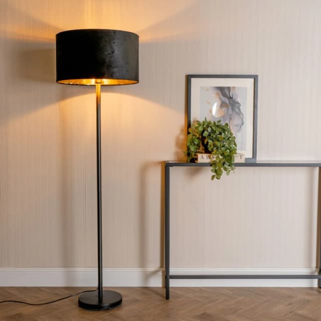 ValueLights ValueLights Charlie Black Stem Floor Lamp with Black Velvet and Gold Inner Lamp Shade Black One Size Unisex 5059406060434