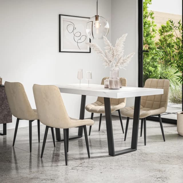 More4Homes Aria Dining Table And Chairs - White Marble Effect Table Top W Black Legs + Nova Velvet Dining Chair Set Of 6 (Beige)