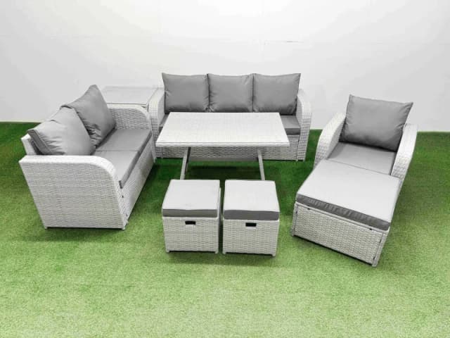 Fimous Rattan High Back Lounge Sofa Set Patio Dining Table & Chairs Set With Side Table 3 Stool Light Grey