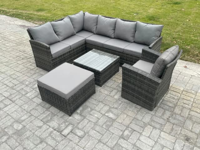 Fimous 8 Seater Outdoor Garden Furniture Set Wicker PE Rattan Corner Sofa Set with Square Coffee Table Big Footstool Armchair in Dark Grey Dark Grey U