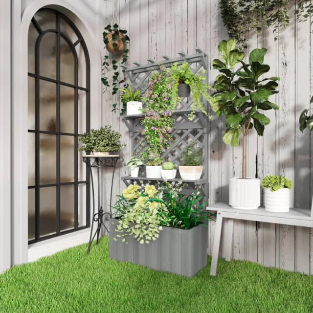 OUTSUNNY Wooden Raised Planter with Trellis & 2 Shelves, Grey Grey Unisex
