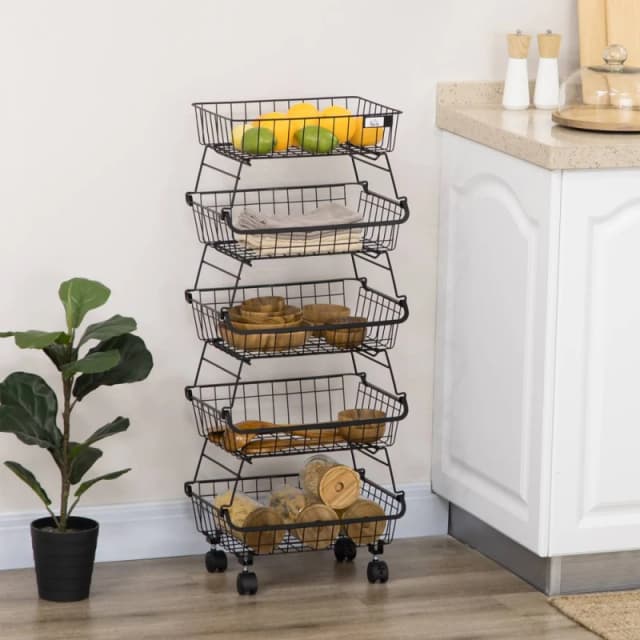 HOMCOM 5 Tier Storage Trolley Cart Vegetable Rack with Wheels for Kitchen in Black Unisex