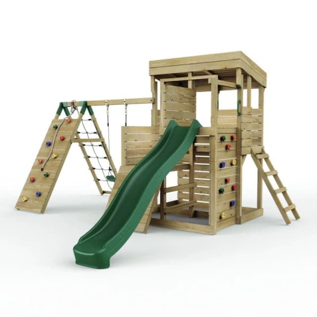 OutdoorToys 2 Tier XL Lookout Tower with Single Swing & Climbing Wall in Brown Brown Unisex