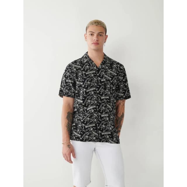 True Religion Mens All Over Print Short-Sleeve Shirt Jet Black male M