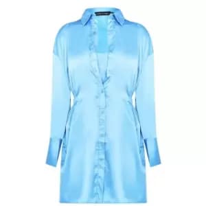 I Saw It First Satin Shirt Dress - Blue