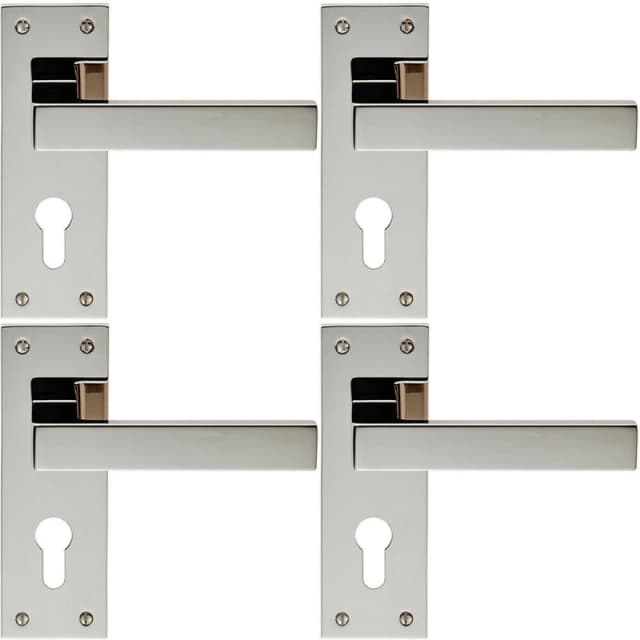 Loops 4x PAIR Straight Square Lever on Euro Lock Backplate 150 x 50mm Polished Nickel Metallics