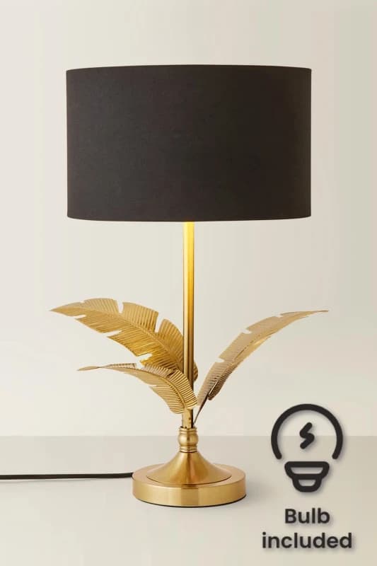 ValueLights ValueLights Christina Fabric with Gold Inner Drum Shade Gold Palm Leaf Table Lamp with Bulb in Black One Size Unisex 5059406067341