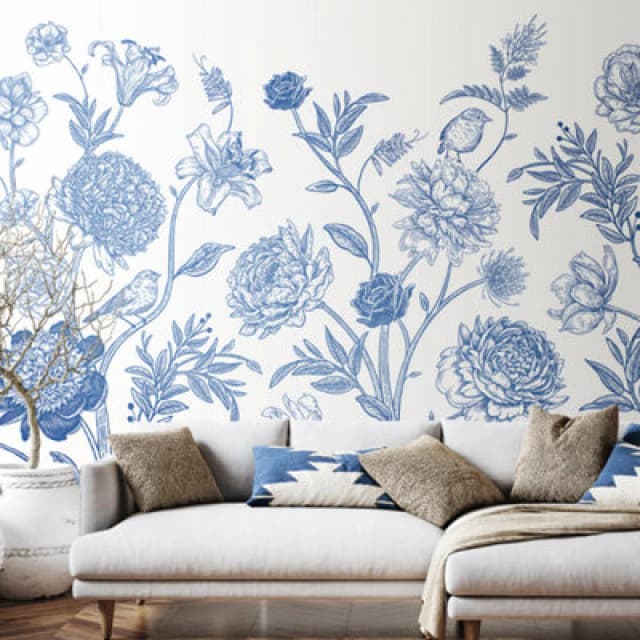 Origin Murals Jacobean Rose Trail - Navy Blue Matt Smooth Paste The Wall Mural 350Cm Wide X 280Cm High