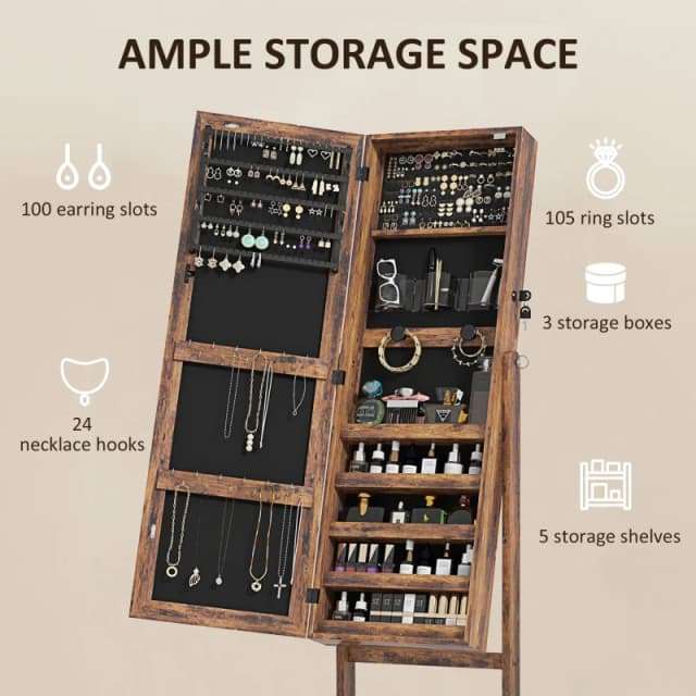 HOMCOM Mirrored Jewellery Cabinet W/ LED Light Lockable Jewellery Rustic Brown Brown