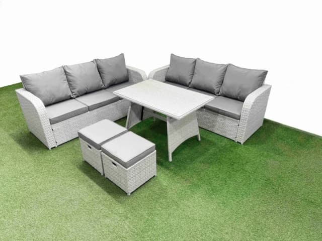 Fimous Rattan High Back Lounge Sofa Set with 3 Seater Sofa 2 Small Stool in Light Grey Light Grey Unisex