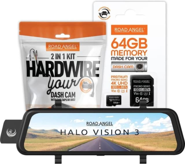 Road Angel Halo Vision 3 Rear View Mirror 1080p Dual Dashcam inc 64GB