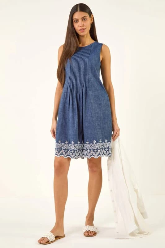 Roman Womens Embroidered Hem Smock Dress in Mid Blue Size: 10 Mid Blue Female 10
