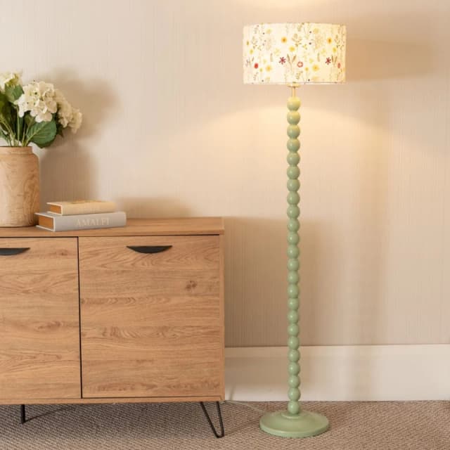ValueLights Bobbins Sage Green Floor Lamp with Floral Embroidered Drum Lamp Shade Pale Green