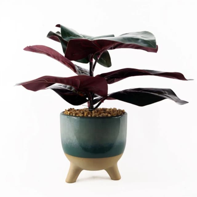Leaf 35cm Artificial Ficus Plant with Teal Blue Green Ceramic Planter Blue