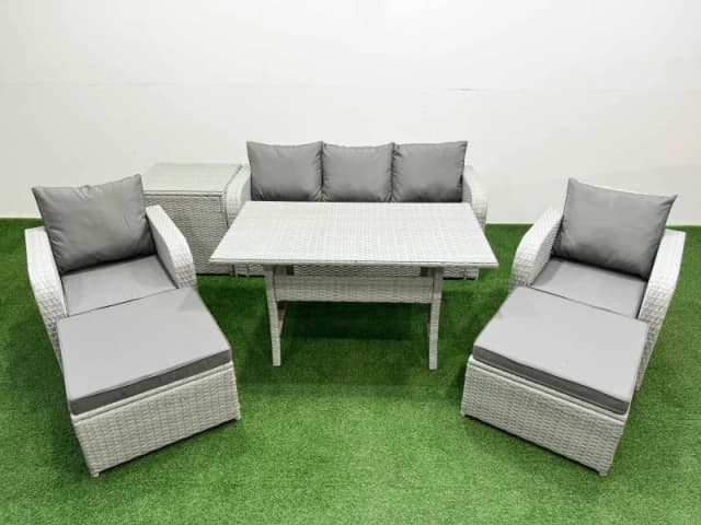Fimous PE Rattan Garden Furniture Set Reclining Chair Sofa Lounge Sofa Set Rectangular Dining Table Side Table 2 Big Footstool Light Grey Light Grey