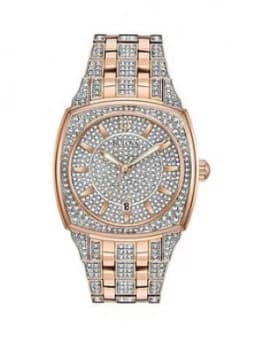 Bulova Swarovski Crystal Set And Rose Gold Detail Dial Rose Gold And Crystal Set Stainless Steel Bracelet Ladies Watch